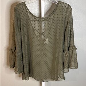 krazy kat Olive Green Swiss Dot Ruffle Sleeve Sheer Blouse
